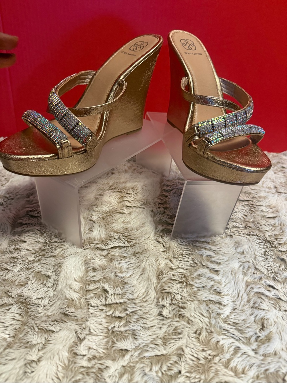 Daisy Fuentes Gold Rhinestone Strappy Wedge Sandals